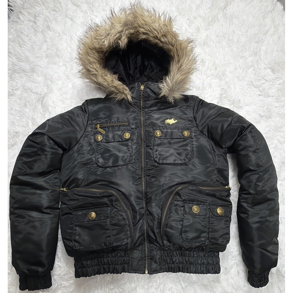 VTG Y2K Apple Bottoms Puffer Jacket Faux Fur Black Puffy Retro Women's 2 / 29